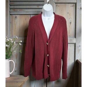 Gap Burgundy Chunky Cardigan Sweater Sz Large Long Fit Button Front Thick
